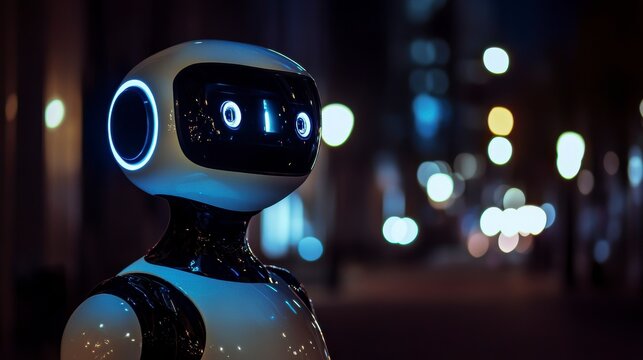 Futuristic robot standing on a city street at night.