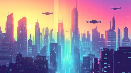 The stock photo shows a vibrant, futuristic cityscape filled with buildings and vehicles soaring through the air.