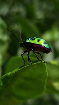 Extreme Close-up Macro Vertical Footage Of An Beautiful brilliantly colored jewel beetle on on edge of a leaf with a blurred background. Jewel bug (Chrysocoris stollii) is a common bug.