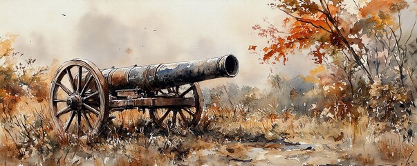 Watercolor Painting of a Vintage Cannon in a Field