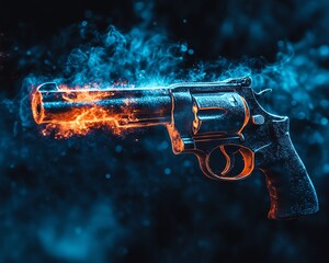 Fiery revolver engulfed in flames and smoke, dramatic dark background.