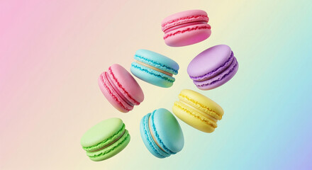 Obraz premium Pastel Macarons: Colorful & Delicious French Delights Floating in Air