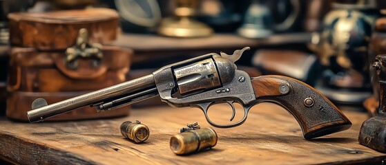 Antique revolver on wooden table with bullets. Western, vintage firearm.