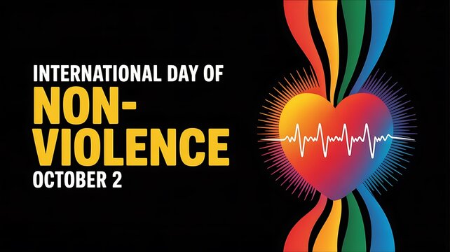 International day of non violence october 2nd with rainbow heart and heartbeat