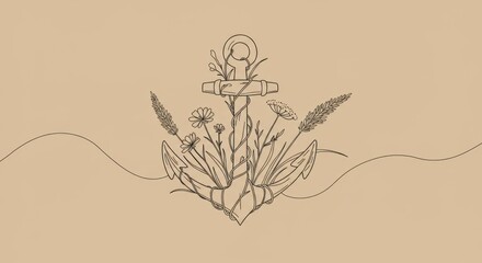 Elegant Minimal Line Art Anchor with Wildflowers on Warm Beige