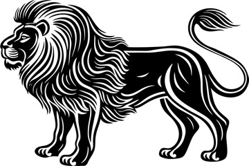 A regal lion stands tall in black and white isolated on white background