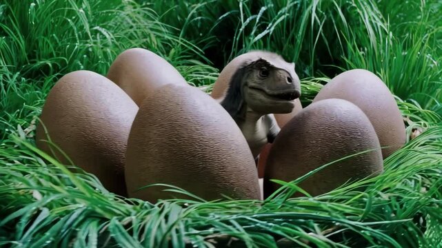 Oval massive dinosaur eggs rest partially buried in tall grassland, their speckled shells. One little dinosaur has already been born. dinosaur eggs lie nestled in swaying prehistoric grasses.