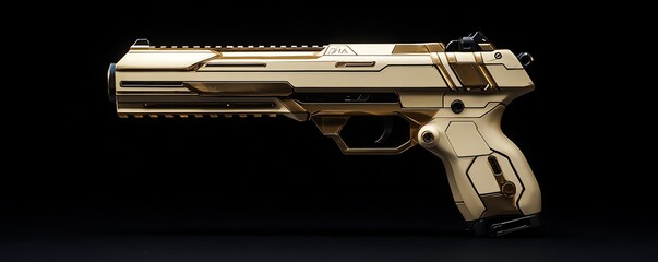 Futuristic beige pistol, sci-fi weapon, detailed design, dark background.