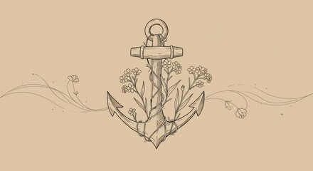 Elegant Minimal Line Art of an Anchor Entwined with Wildflowers