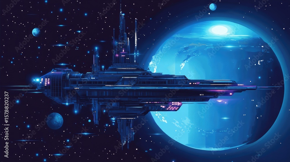 Poster the stock photo shows a brightly-lit, futuristic space station with multiple modules orbiting a cent