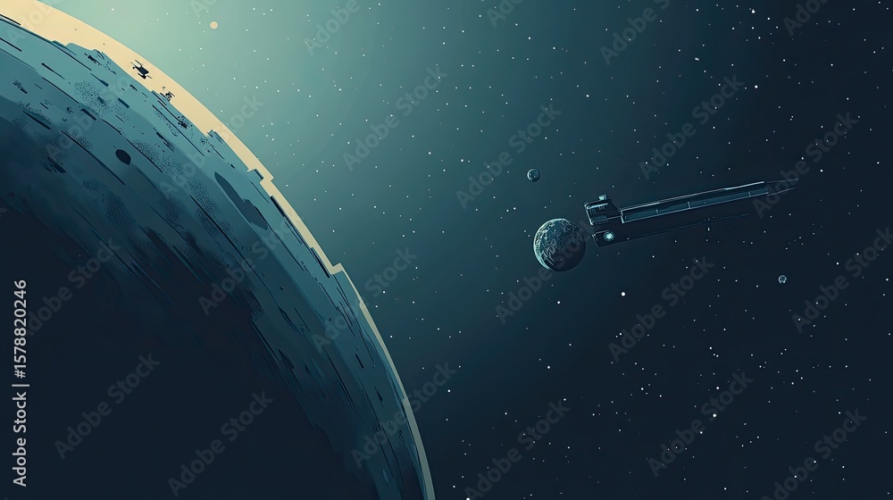 Poster the stock photo shows a brightly lit, futuristic space station with multiple interconnected modules 
