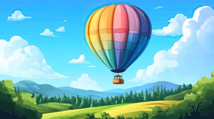 Naklejka premium A vibrant hot air balloon gracefully floats in a clear blue sky.