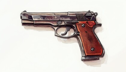 Detailed illustration of a handgun, metallic grey with brown grips, isolated on white background.