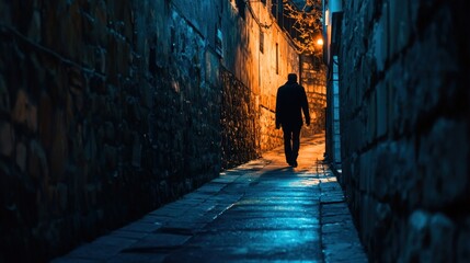 A person walking alone down a long alley at night consumed by darkness and the feeling of despair