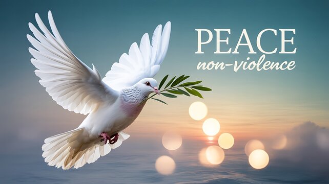 White dove with olive branch symbolizing peace and non violence against a sunset sky