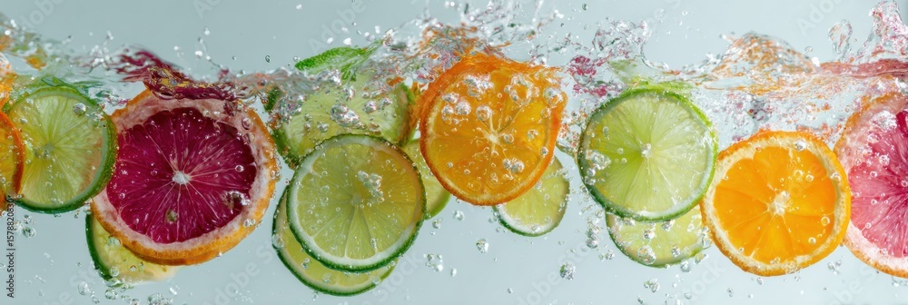 Poster floating citrus slices create a refreshing splash in water, perfect for a vibrant summer drink recip