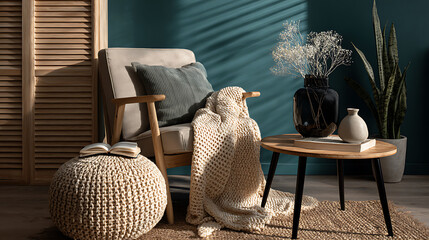 Cozy Teal Room Interior with Armchair, Book, and Dried Flowers