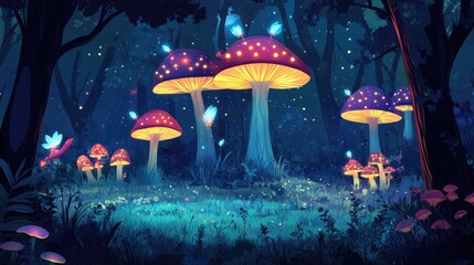 Fototapeta premium The stock photo shows a vibrant, magical forest filled with glowing flora and fauna.