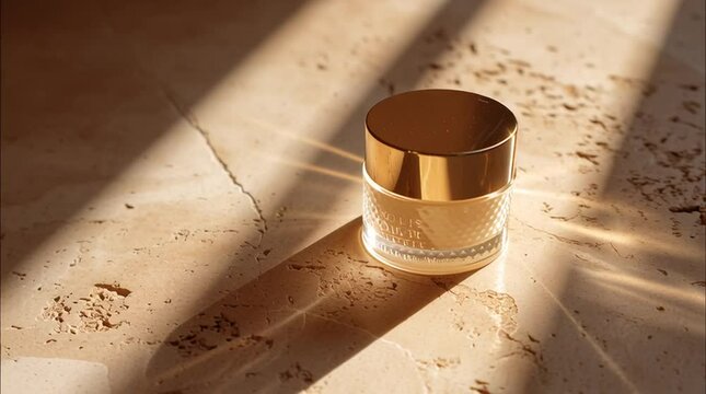 Skincare cream jar on marble slab, golden hour lighting aesthetic commercial composition shadow play and depth