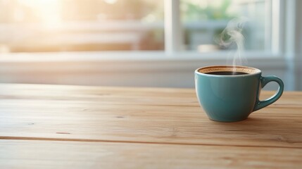 Fototapeta premium Morning coffee a warm cup on wooden table in sunlight