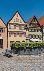 View of the Lion Fountain of Dinkelsbühl in the old town near St. George's Cathedral