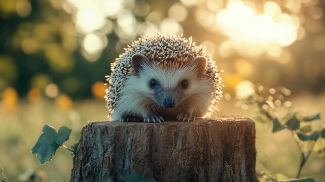 A small hedgehog sitting on a log at sunset.