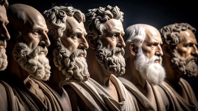 Marble sculptures of bearded men showcase wisdom, aging, and historical figures in a line, exhibiting their detailed carvings and stoic expressions.