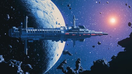 A futuristic space station gracefully orbits a distant planet in the illustration.