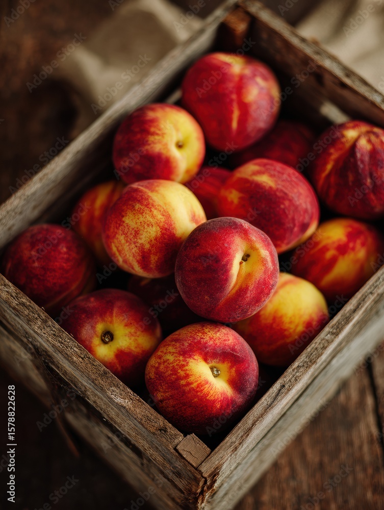 Poster crate of ripe peaches displayed in soft natural lighting with untouched space for accentuation and f