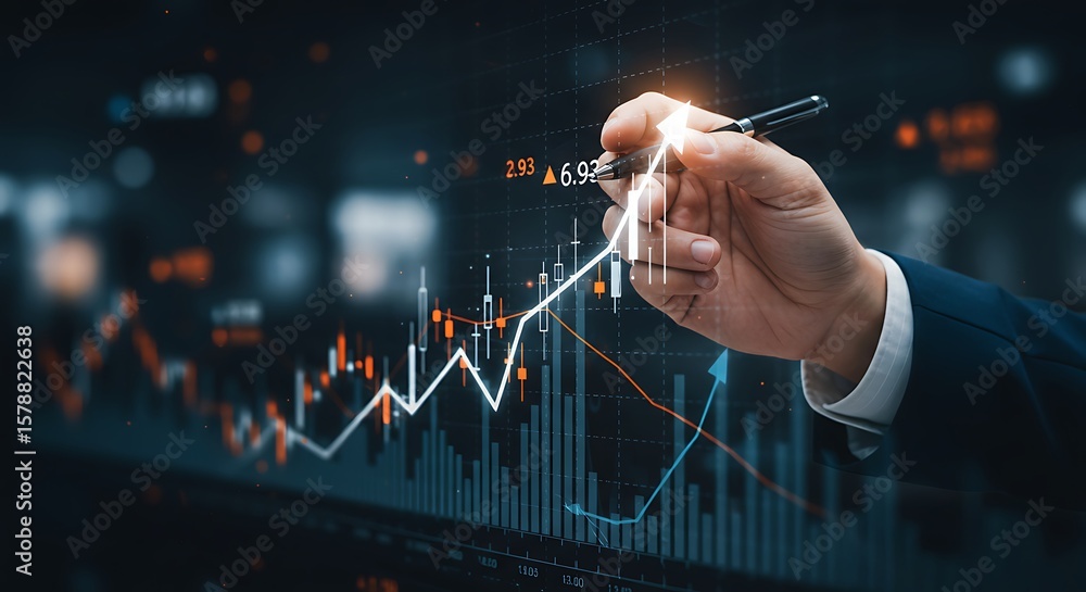 Poster a hand in a suit holding a pen pointing at an upward trending stock market graph with financial data