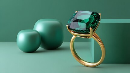 Elegant Gold Ring Featuring a Large Emerald Gemstone Against a Mint Green Background