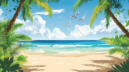 The stock photo shows a vibrant tropical beach scene with a prominent palm tree.