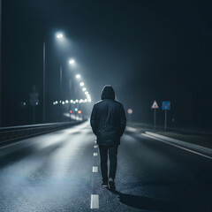A lone man walking down a dark, empty road at night, symbolizing a journey or solitude.
