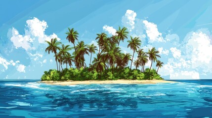 The stock photo shows a vibrant tropical island scene with palm trees and a clear blue ocean.