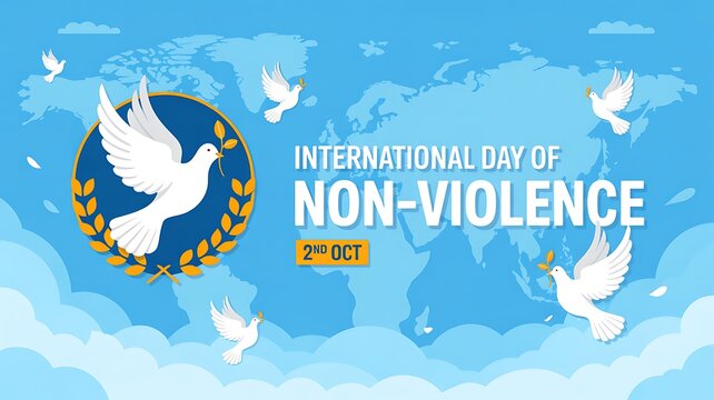 International day of non violence celebrated with doves and world map on october 2nd