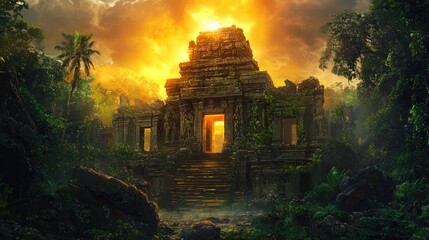 The stock photo shows an ancient temple, partially obscured by lush vegetation, suggesting a historical and possibly remote location.