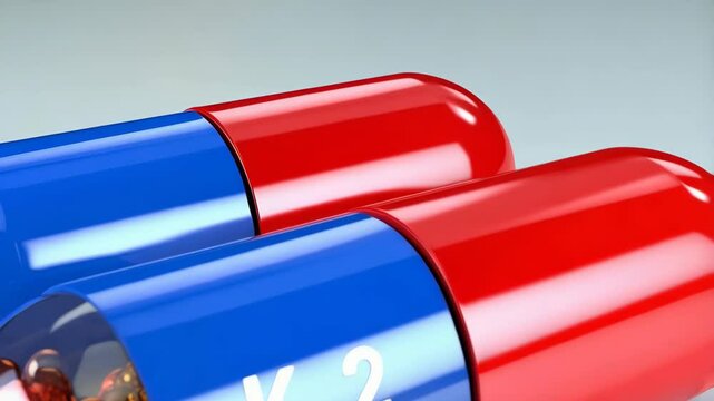 Close-up of two red and blue capsules with tiny gold balls and K2 text on one of them, vitamin supplement.
