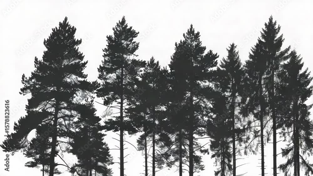 Poster a row of trees with no leaves. the trees are black and white. the trees are tall and thin