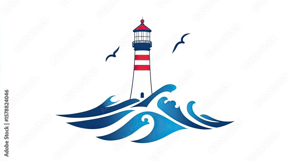Poster the stock photo shows a lighthouse and waves in isolation on a plain background.