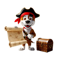 Funny 3D Pirate Holding a Treasure Chest Full of Gold Coins

