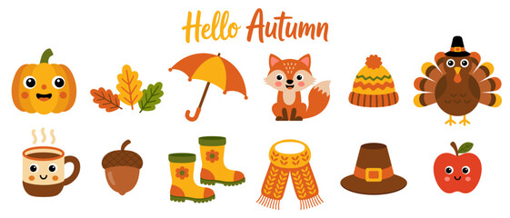 Obraz premium Collection of cute autumn icons including pumpkin, fox, turkey, umbrella, hat, scarf, boots, and warm drink, vector illustrations