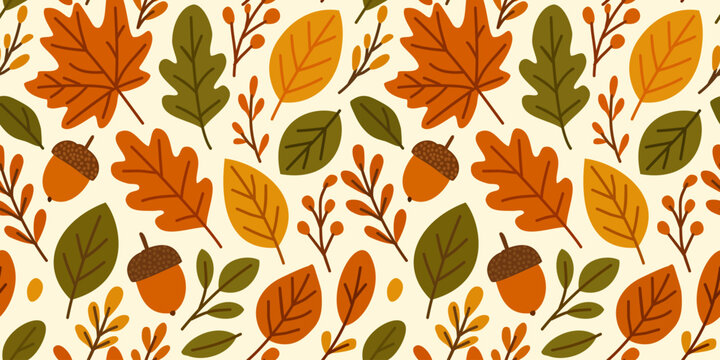 Vector seamless pattern with bright autumn leaves and acorns on white background