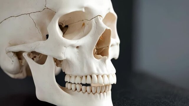Detailed anatomical model showing human skull structure with teeth, eye socket, and bone texture on dark background for education and research