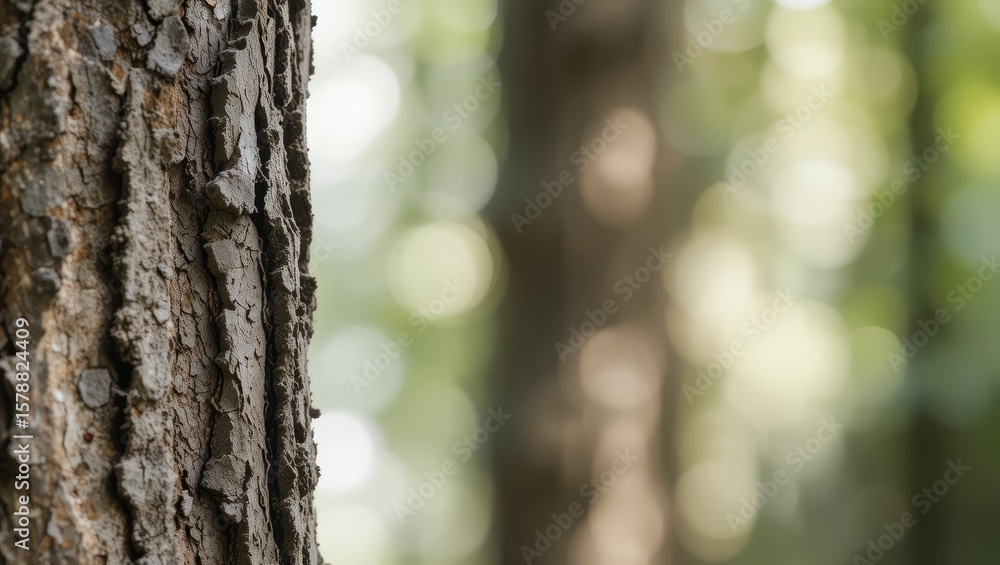 Poster close-up of textured tree bark with soft focus forest background in natural light