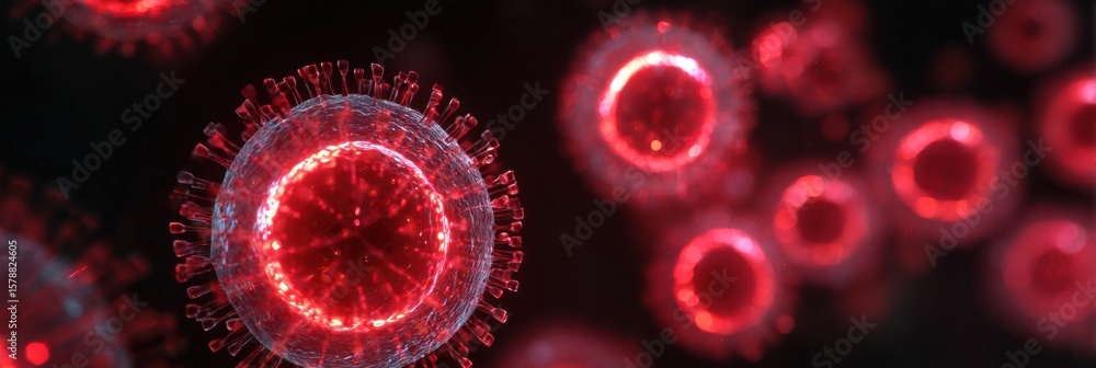 Poster digital animation illustrating virus multiplication with a red alert overlay highlighting critical c