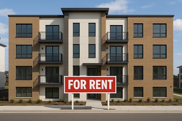 urban rental property with for rent sign, modern apartment complex for rent, exterior view of building, housing market, rental advertisement