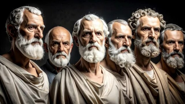 Row of old men with white beards wearing robes against dark backdrop creates a timeless and thought provoking composition for philosophical themes