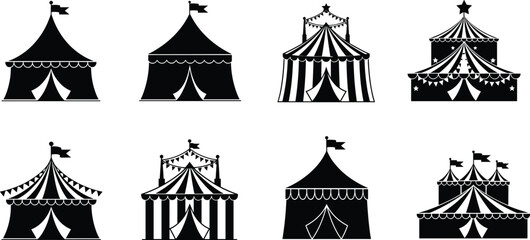 Collection of circus tent silhouettes, carnival design vector, festival icon set, black and white illustration, entertainment graphic, decorative style © Rifat Creatives