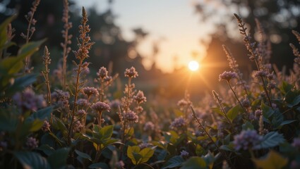 Delicate Wildflowers Illuminated by a Beautiful Sunset in a Lush Natural Landscape