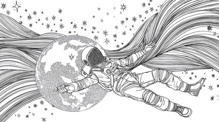 Astronaut adrift in swirling cosmic space